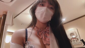 Cute school girl with big breasts helps the guy masturbating and rides on dick