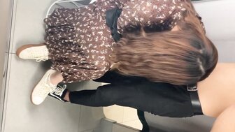 Horny woman in long dress gives her boyfriend blowjob and pussy fucking in fitting room