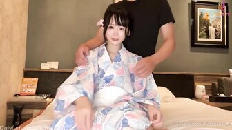 Cute Japanese girl gets orgasm and creampie wearing kimono